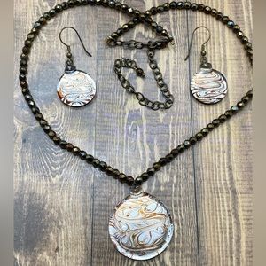Matching set artisan round glass pendant necklace and earrings vintage
